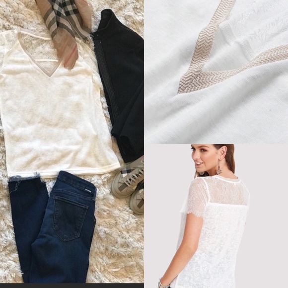 amourOC Tops - Lace Sleeve V Neck T-Shirt White/Cream